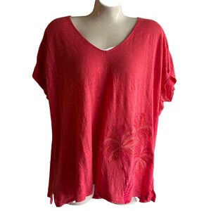 Tommy Bahama Pink Relaxed Short Sleeve T-Shirt 100% Linen Embroidered Palm trees